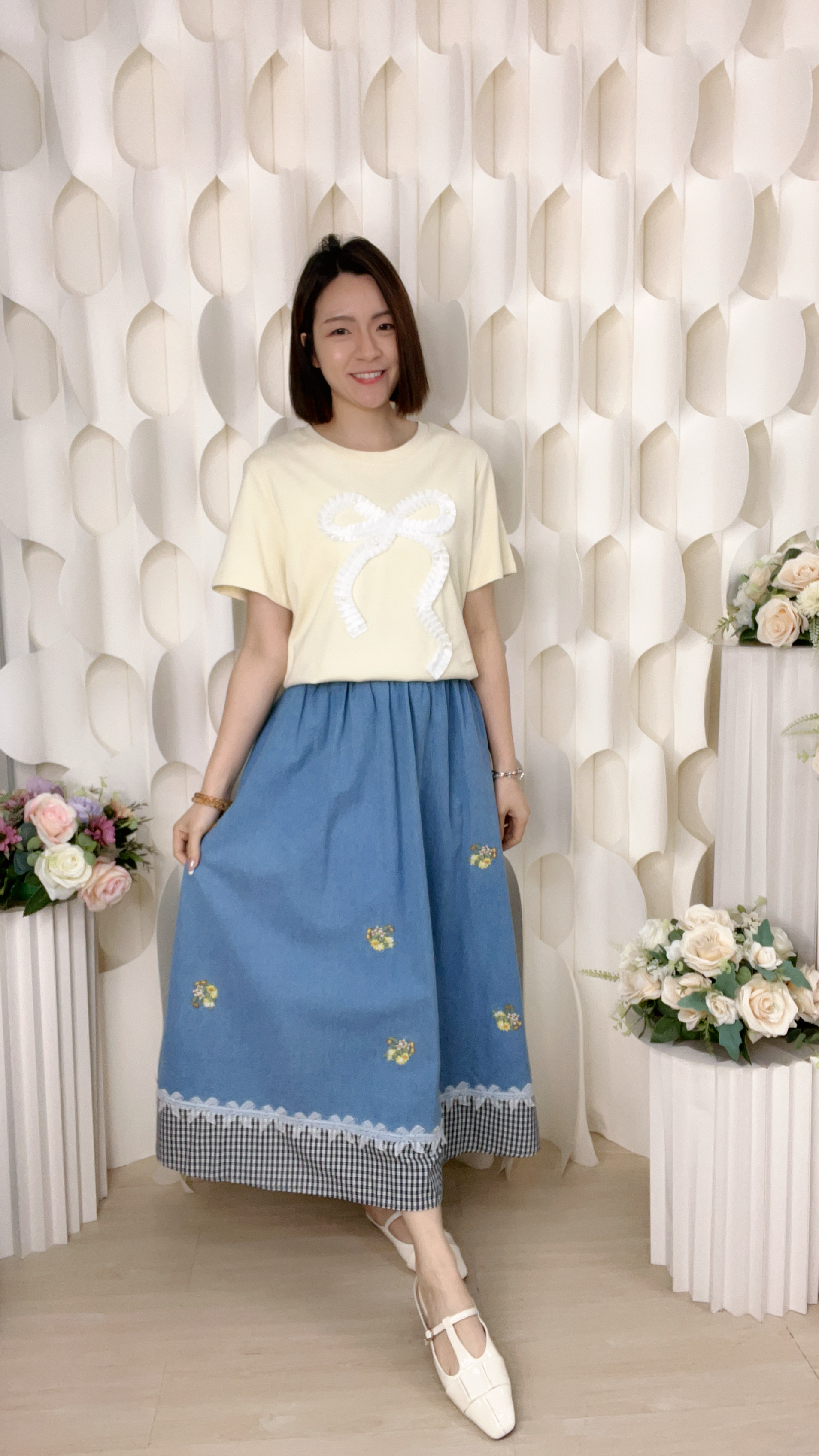 LACE格紋拼軟牛仔半截裙(腰M:26-36/L:28-38吋)S6085 #1004clo