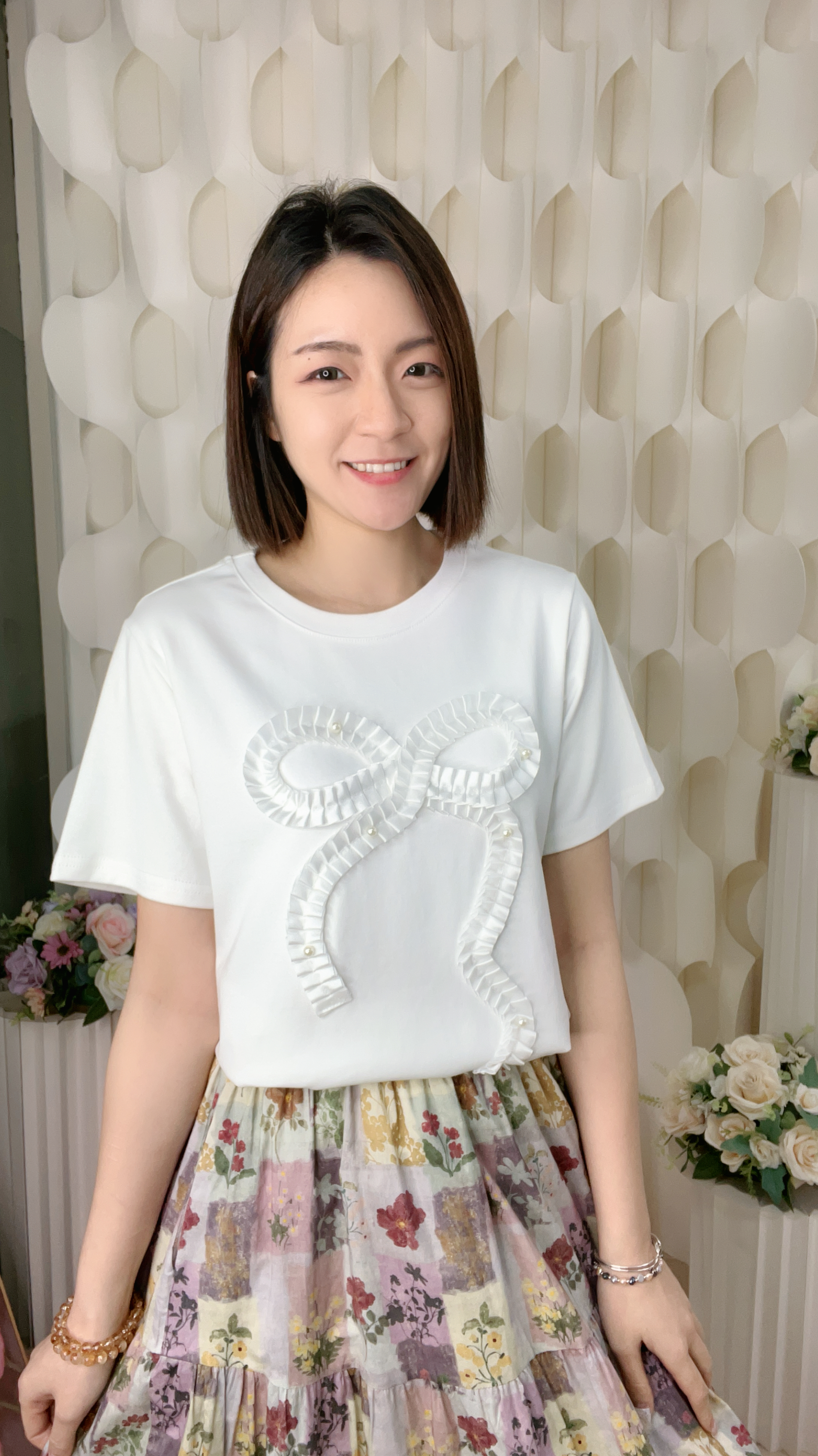 珍珠蝴蝶結絲帶滑棉上衣(胸40-46 腰38-44 長24吋)55684 #1004clo