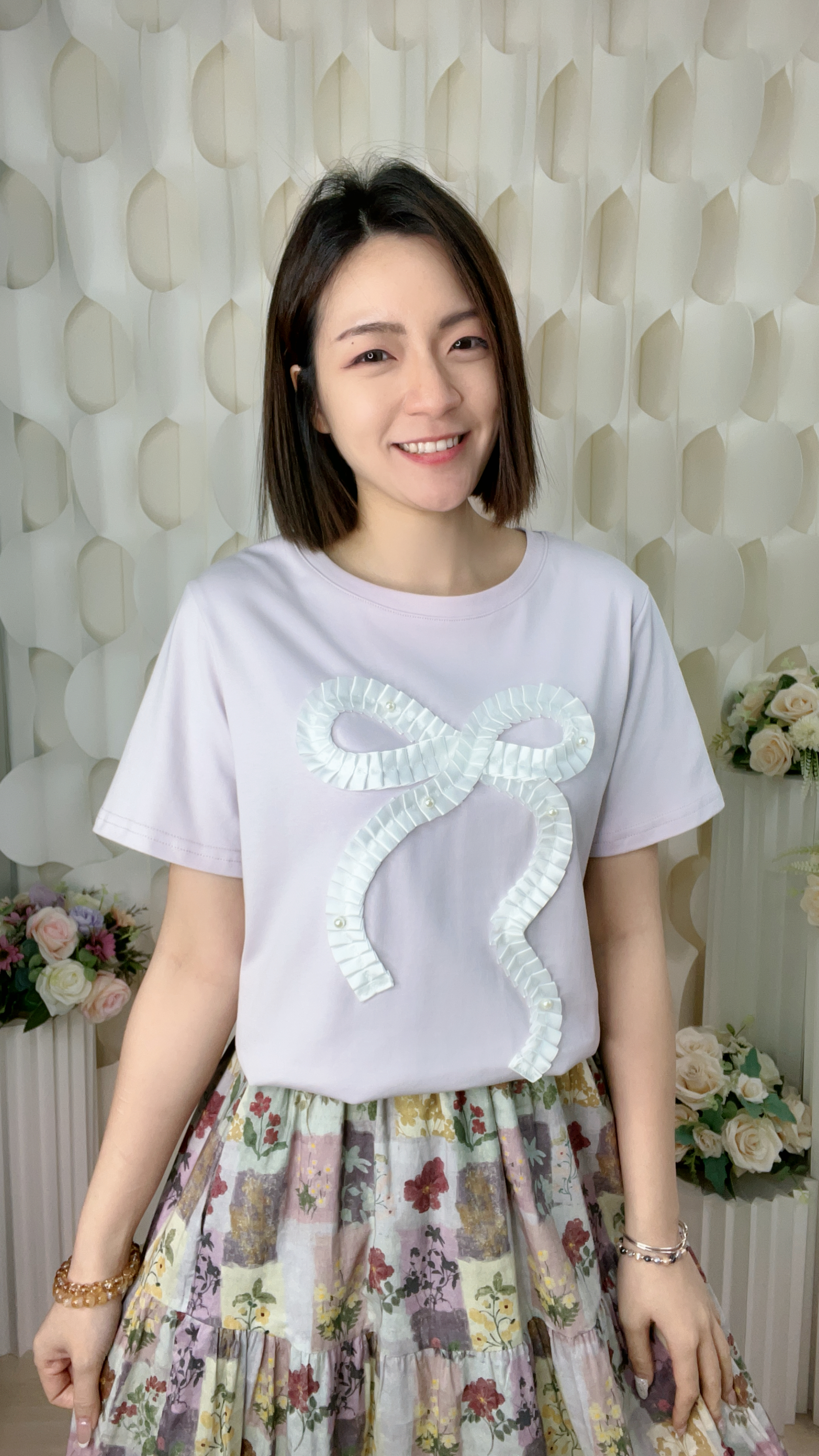 珍珠蝴蝶結絲帶滑棉上衣(胸40-46 腰38-44 長24吋)55684 #1004clo