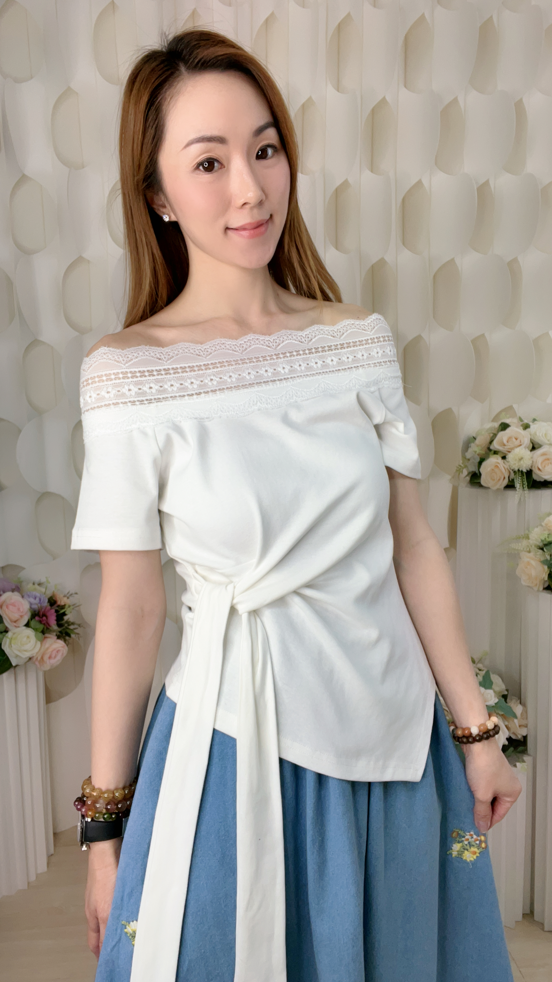 軟LACE領束腰棉質不規則上衣(胸32-44 腰30-38 長19吋)56231 #1004clo