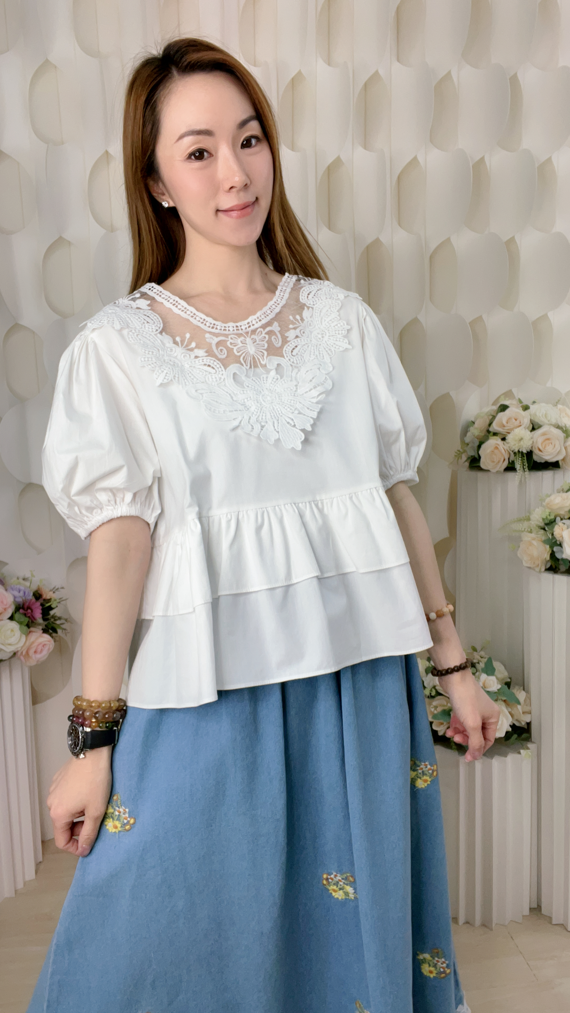 RUFFLE束袖LACE上衣(胸40 腰42 長21吋)55884 #1004clo