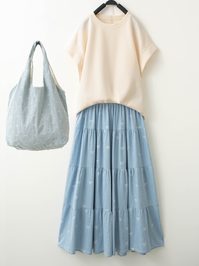 空氣棉連袖上衣印花薄棉牛仔蛋糕裙組合