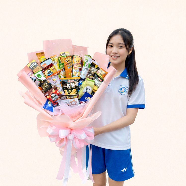 女孩捧著超大零食花束