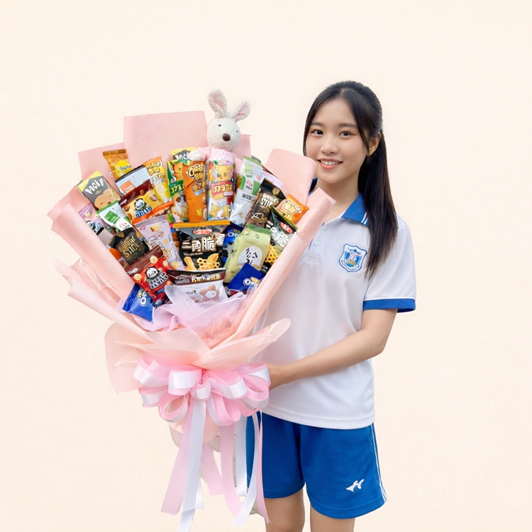 女孩手捧粉色零食花束，花束內含多款零食與兔兔玩偶，背景為淺橘色純色背景。