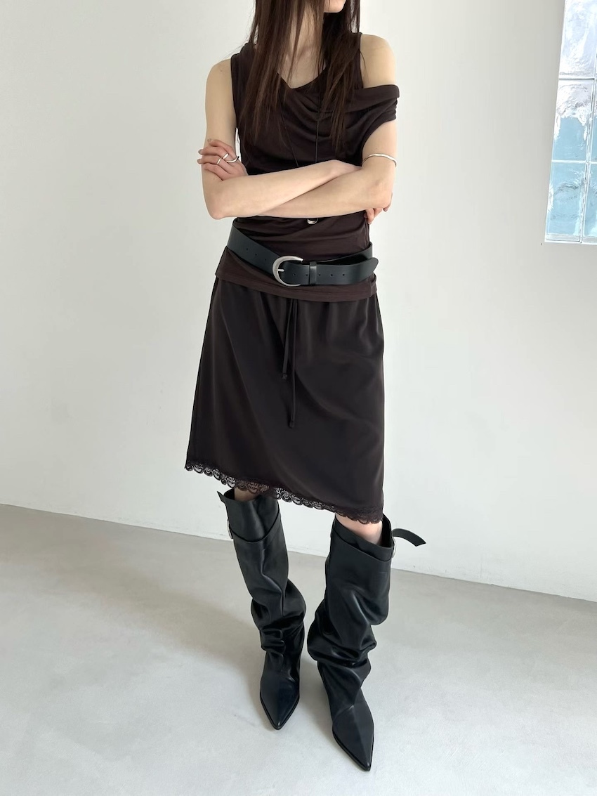 (designer!) satin lace trim midi skirt with elastic waist in BARK