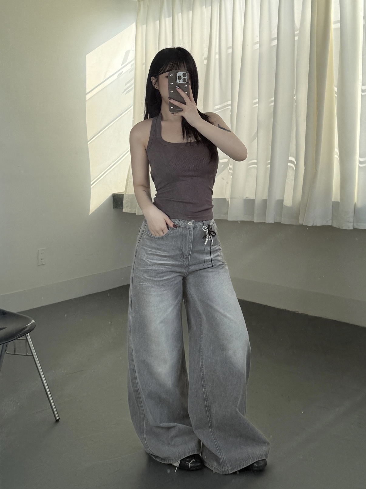 滿分修飾直筒牛仔寬褲