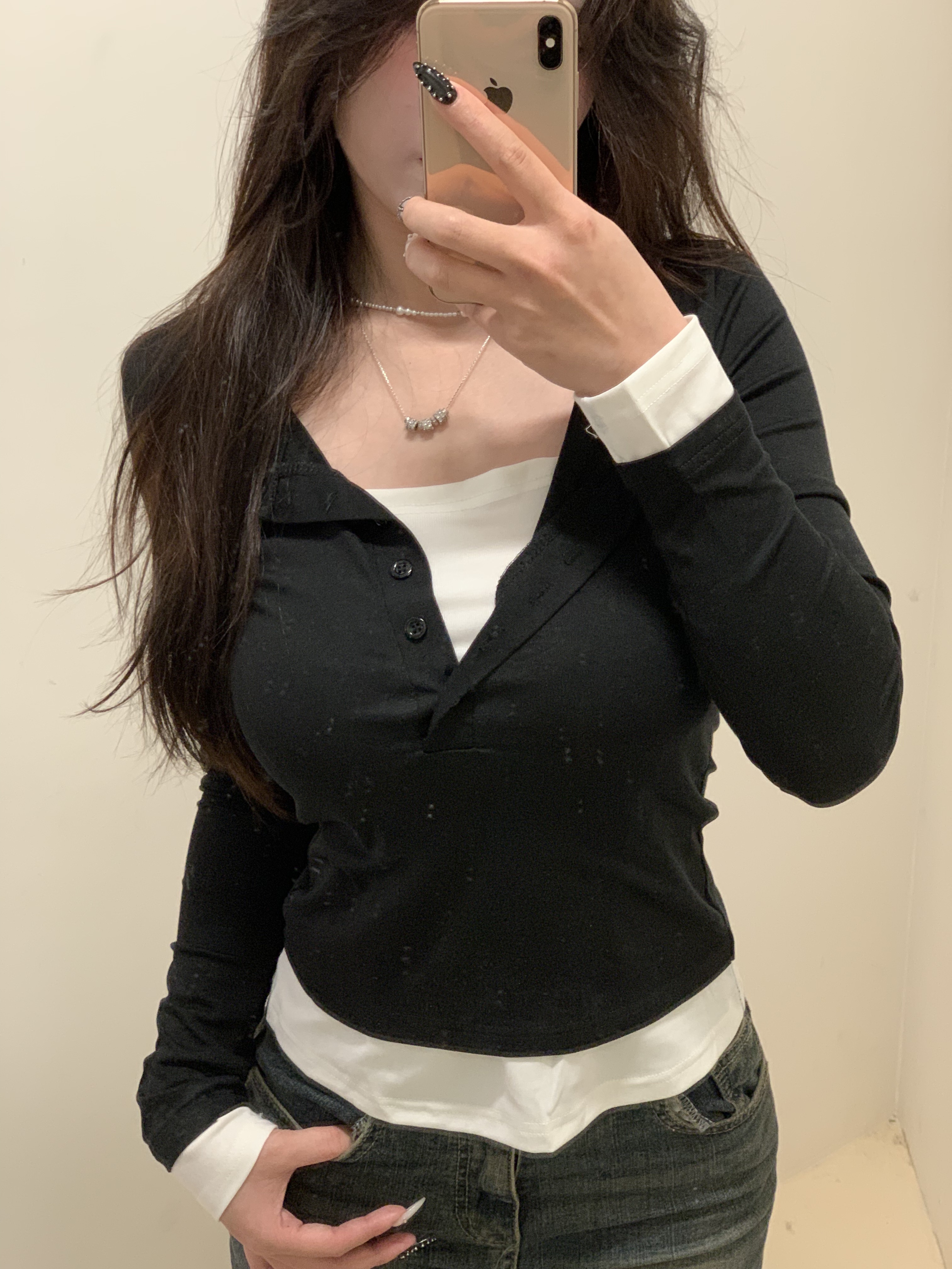 韓系鈕扣拼接上衣🩶🖤