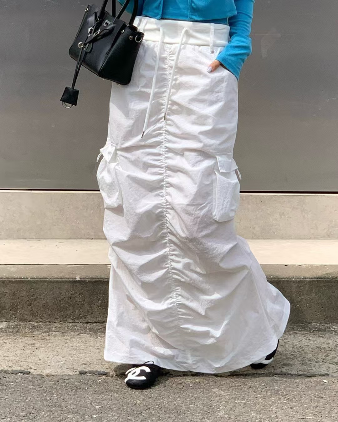 抽繩抓褶口袋長裙