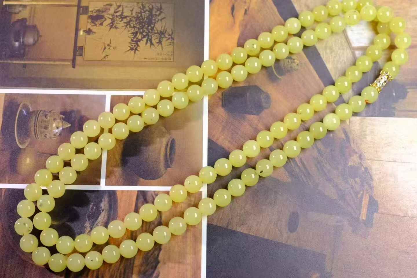 和田玉黃口點墨珠串 (8mm直徑),天然和田玉軟玉