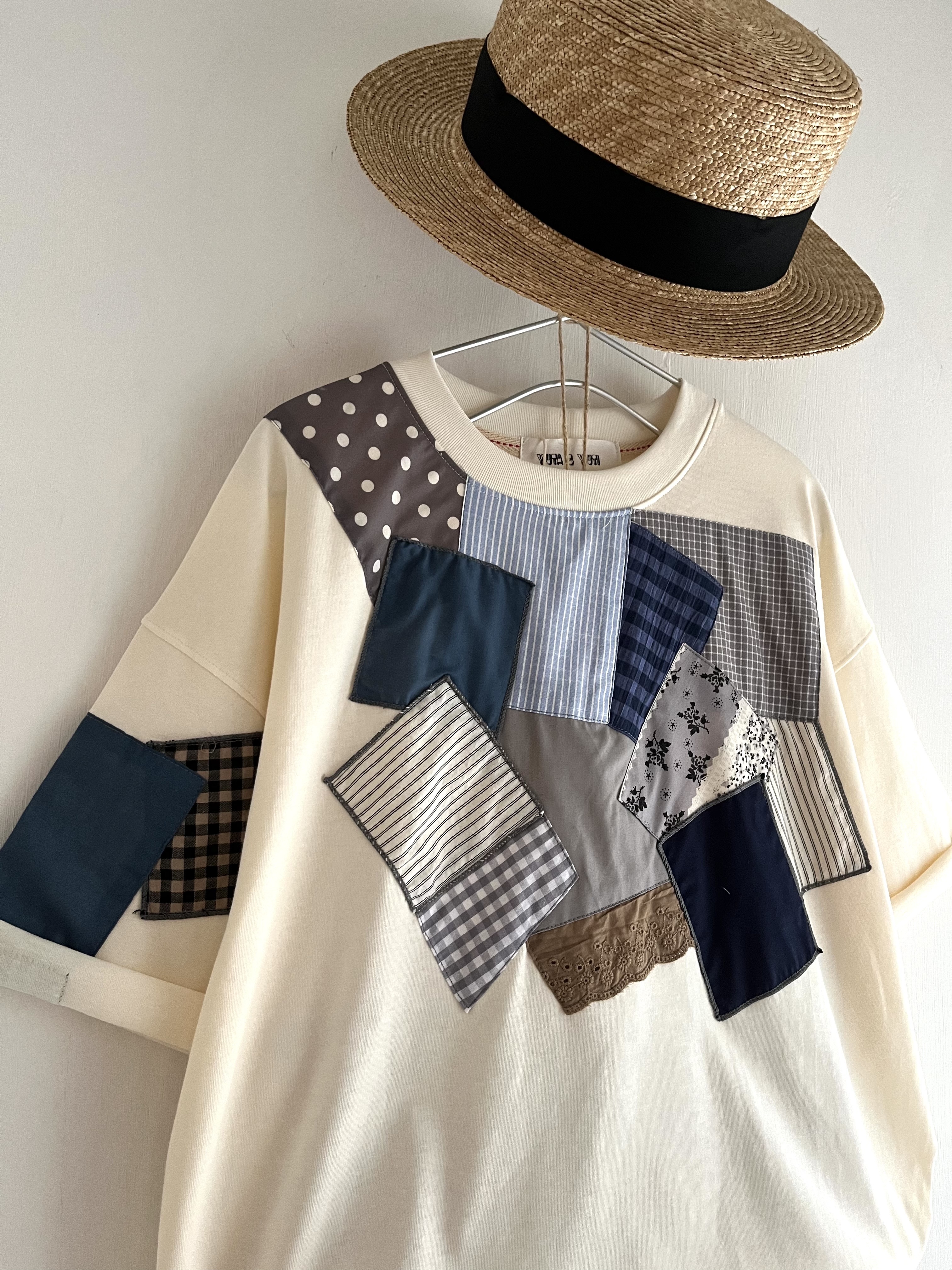 YUTA &YUTI白色圓領拼布top