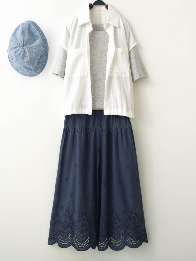 落肩抽繩上衣側抓褶連袖上衣繡花寬褲組合