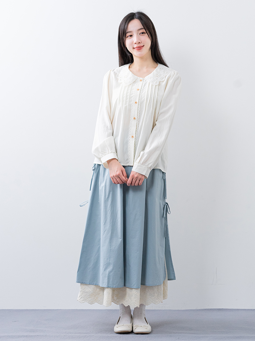 繡花領壓褶襯衫下擺側綁帶層次長裙組合