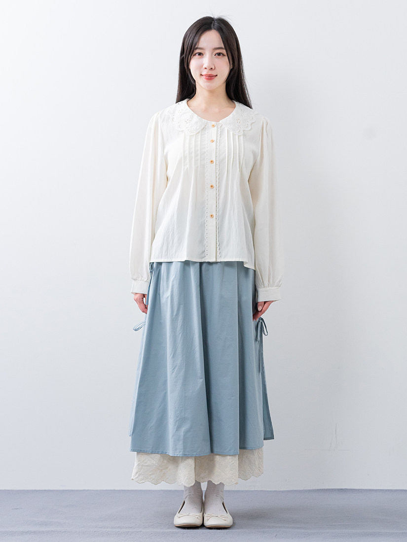 繡花領壓褶襯衫下擺側綁帶層次長裙組合