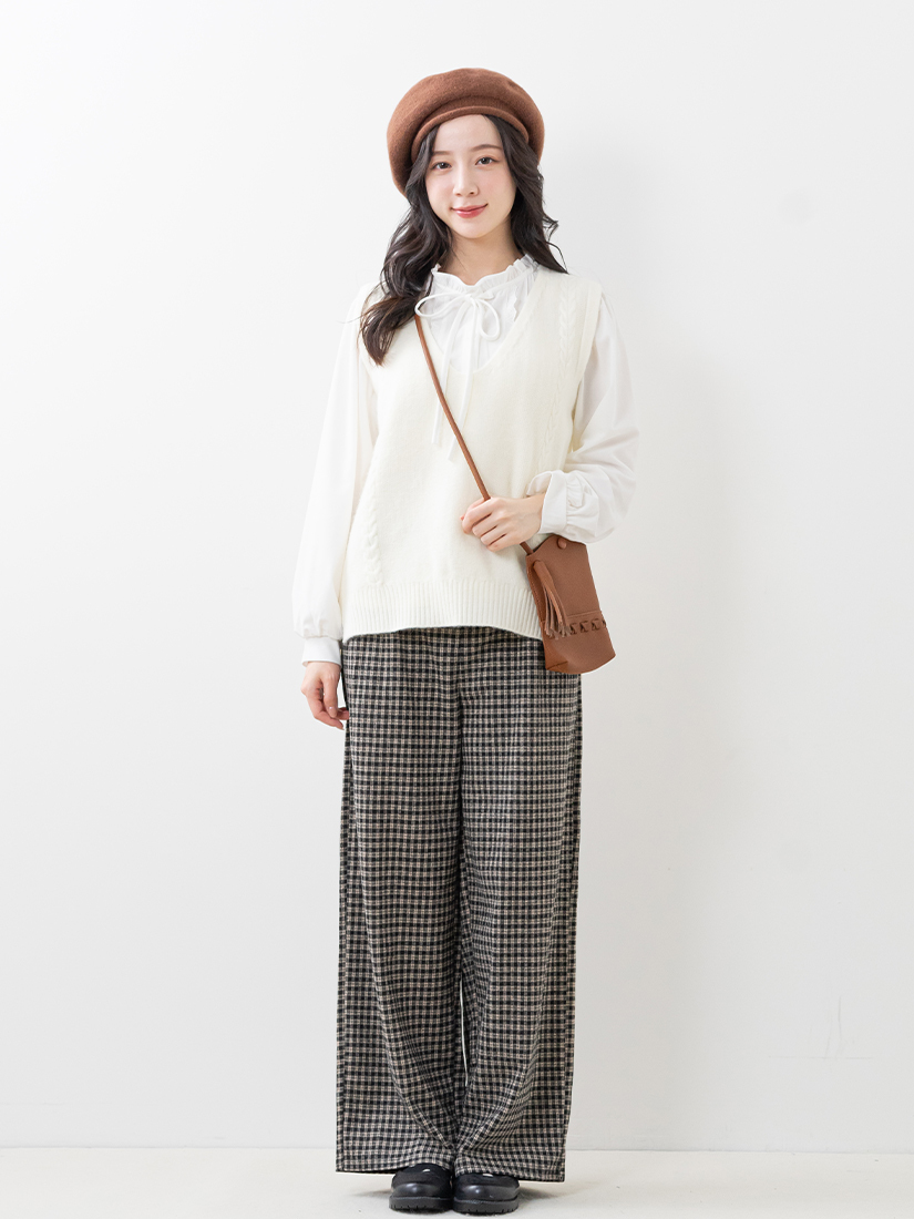 中高腰後鬆緊磨毛格紋打褶直筒長褲