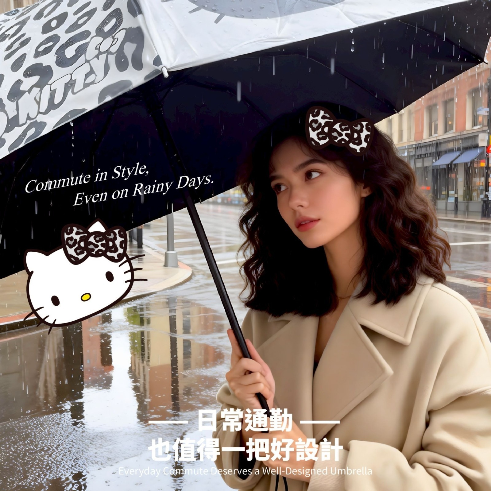 S21334  台灣 Hello Kitty 27吋巨無霸折疊手開傘 豹紋款