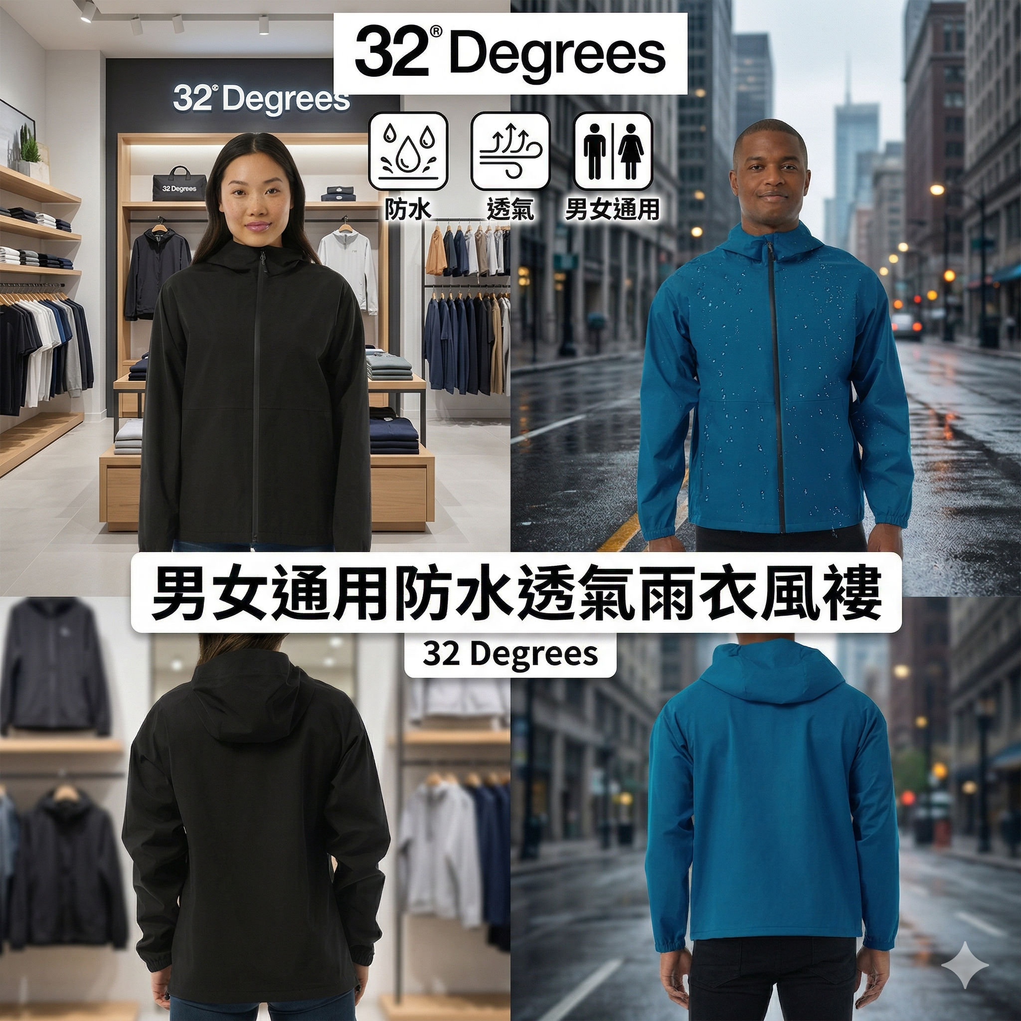 【預購】32 Degrees H030401 男女通用防水透氣雨衣風褸