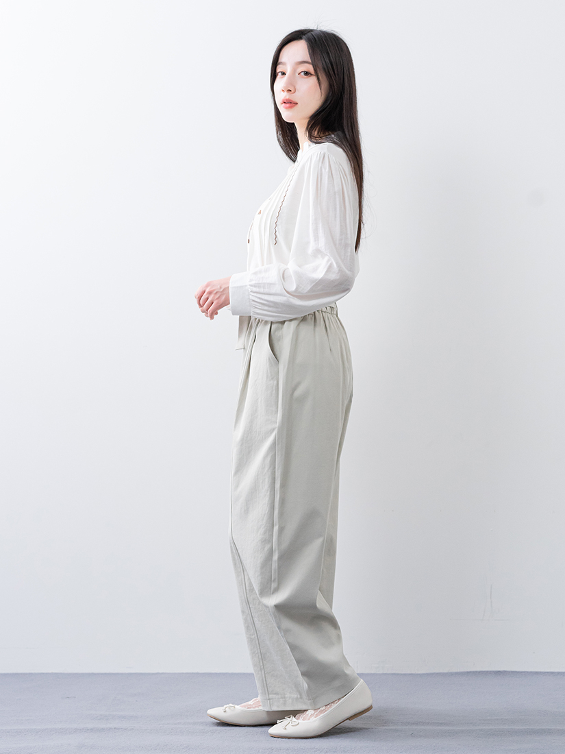 荷葉刺繡壓褶襯衫壓線繭型寬褲組合