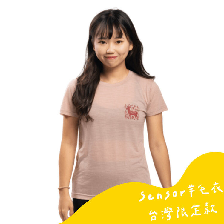 Sensor 女款 美麗諾羊毛短袖上衣-島嶼生活/梅花鹿(120g)灰粉 26Z00020 [HappyOutdoor]