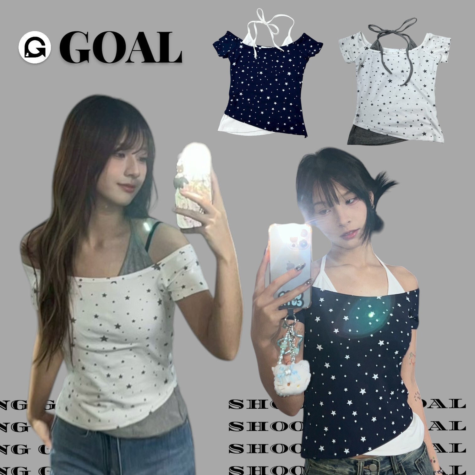 (GOAL) 滿版星星一字領上衣 拼接假兩件 318