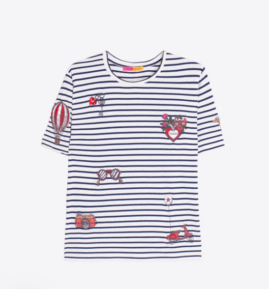1VG0413-002 [VILAGALLO] Vintage Embroidered Striped T-Shirt White/Navy #TSTOW6S291 (C-K11-E)