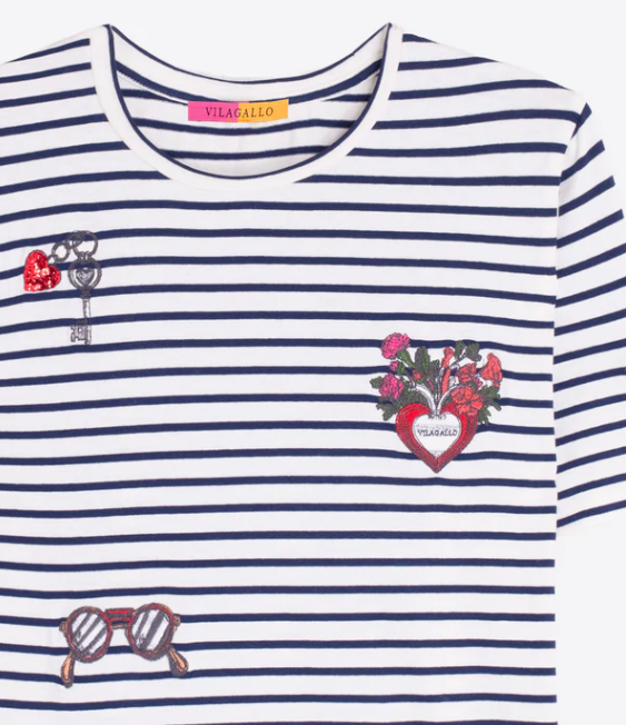 1VG0413-002 [VILAGALLO] Vintage Embroidered Striped T-Shirt White/Navy #TSTOW6S291 (C-K11-E)
