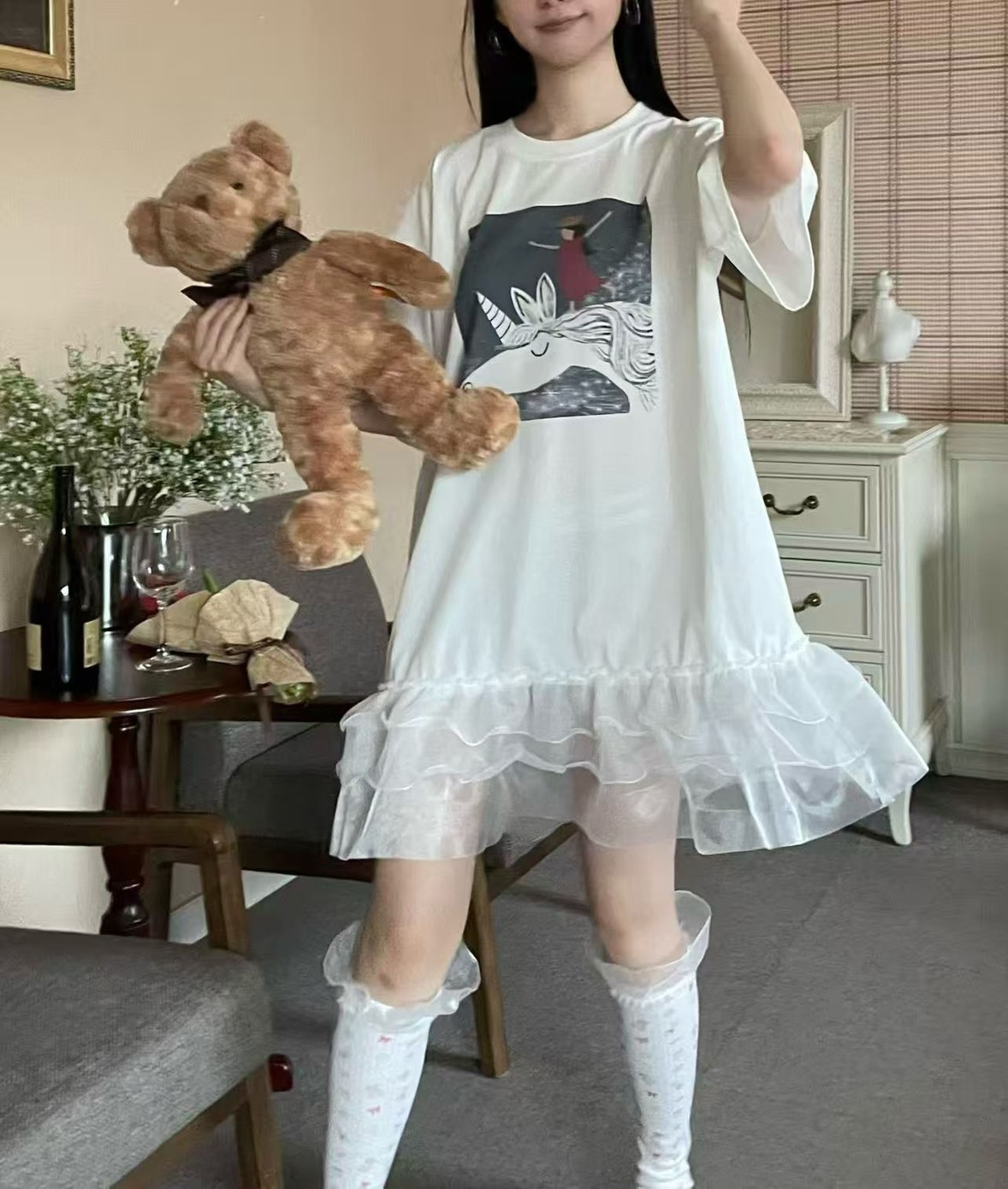 獨角獸女孩紗荷葉短洋裝