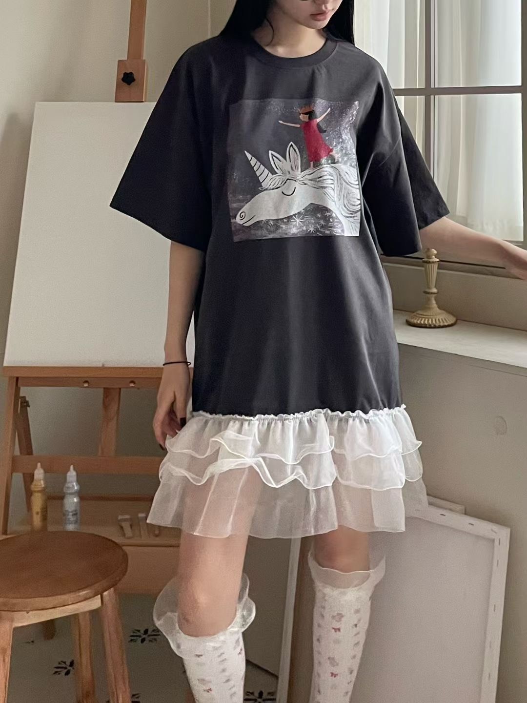 獨角獸女孩紗荷葉短洋裝