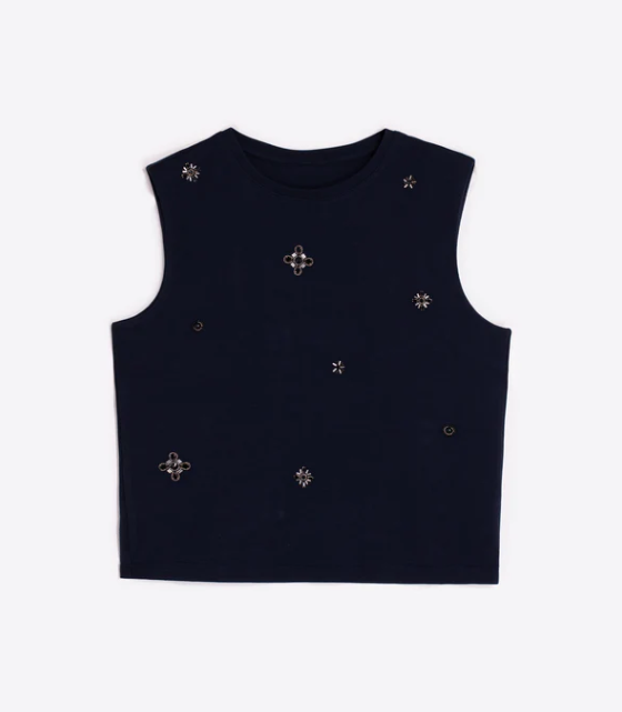 1VG0413-004 [VILAGALLO] Black Sleeveless Embroidered Beaded Top Black #TPBXI6ST07 (C-K11-E)