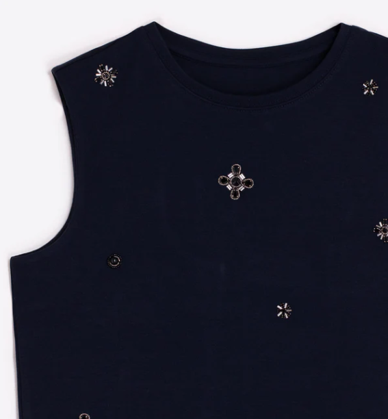 1VG0413-004 [VILAGALLO] Black Sleeveless Embroidered Beaded Top Black #TPBXI6ST07 (C-K11-E)