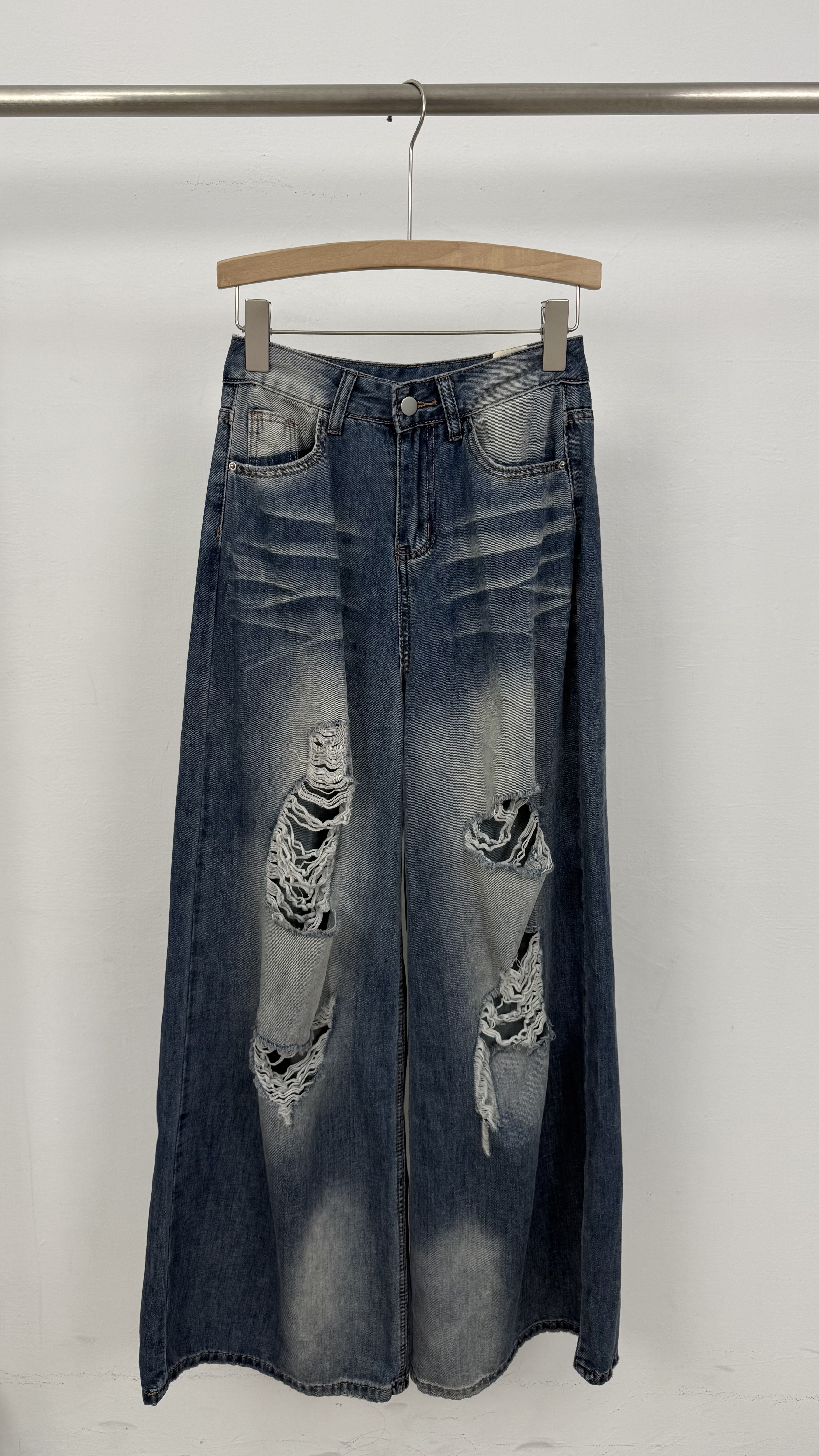 B188破洞牛仔闊腿褲