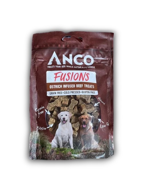 Anco Fusions牛肉和鴕鳥  冷壓、無穀物和低脂肪的骨頭形狀的零食-100克