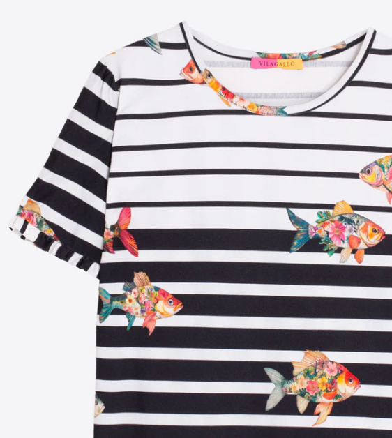 1VG0413-014 [VILAGALLO] Striped T-Shirt With Flying Fish Black/White #TSAMI6S016 (C-K11-E)