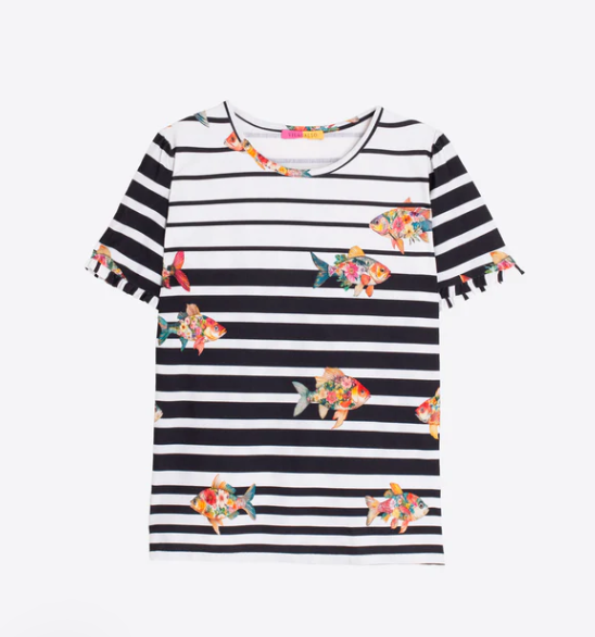 1VG0413-014 [VILAGALLO] Striped T-Shirt With Flying Fish Black/White #TSAMI6S016 (C-K11-E)
