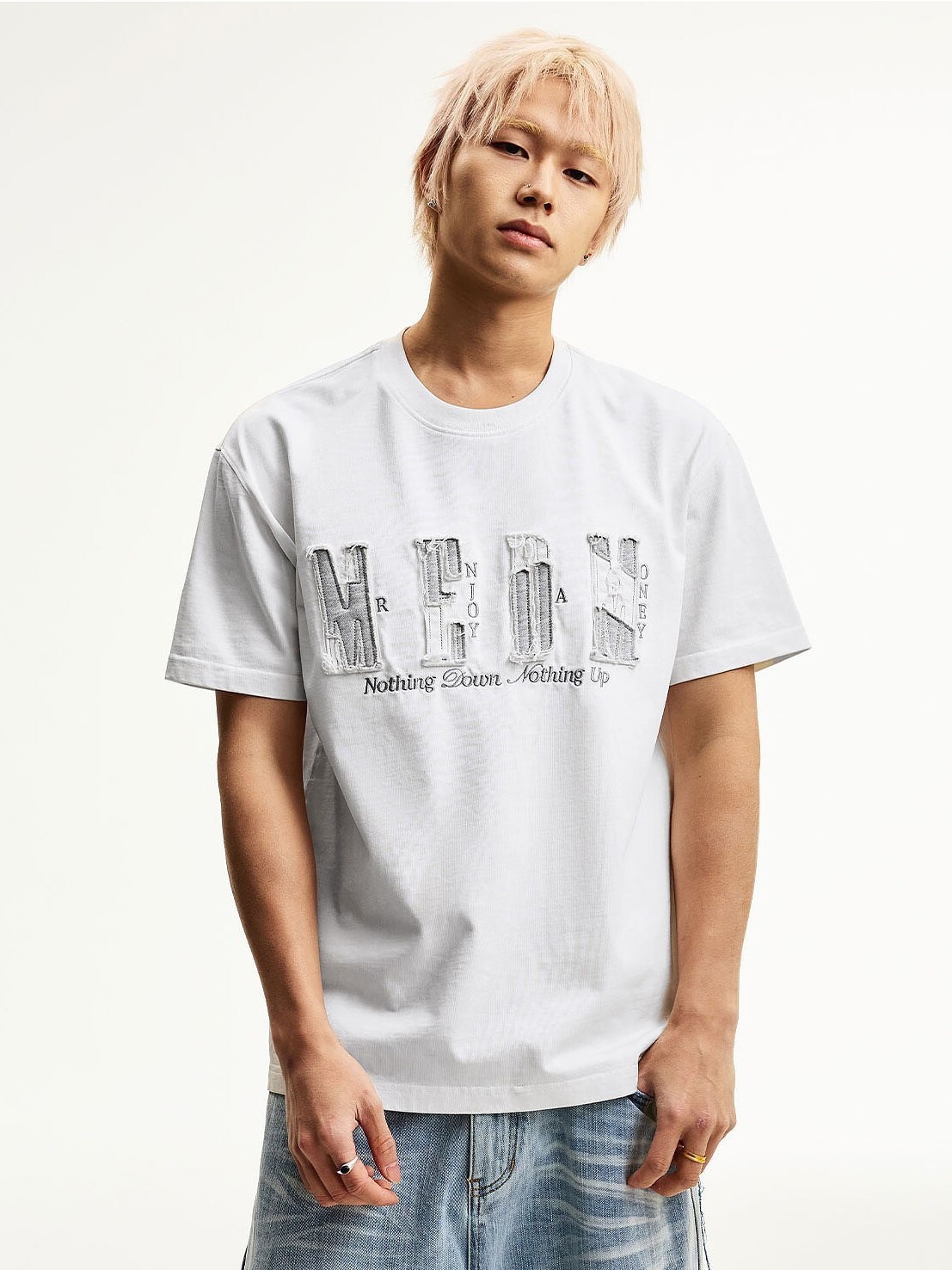 MEDM 破壞字母Logo 撞色貼布 繡花拼接 短袖T