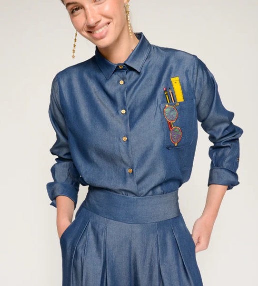 1VG0413-018 [VILAGALLO] Denim Shirt With Embroidered Pocket Blue #CMNNX6S393 (C-K11-E)