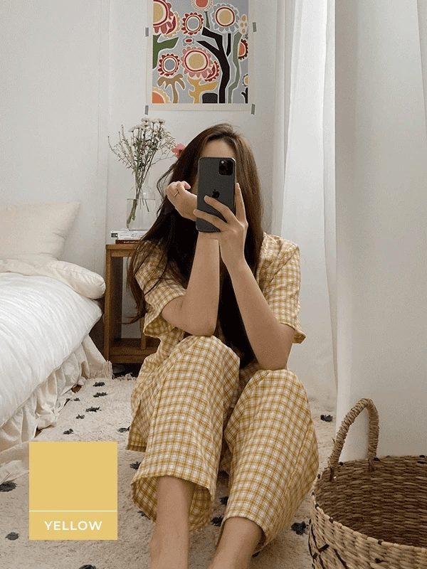 [9,000件熱銷] Juuneedu｜[長褲短袖睡衣] Saint Pocket Gingham Check Pajama [3 colors]（☁️關鍵字J156)