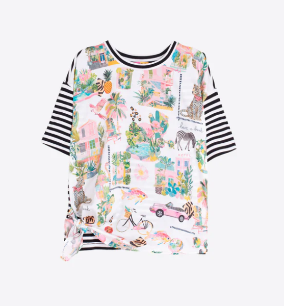 1VG0413-021 [VILAGALLO] California Print T-Shirt With Side Bow White/Black #TSKEI6S060 (C-K11-E)