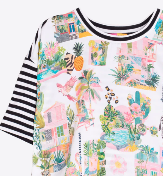 1VG0413-021 [VILAGALLO] California Print T-Shirt With Side Bow White/Black #TSKEI6S060 (C-K11-E)