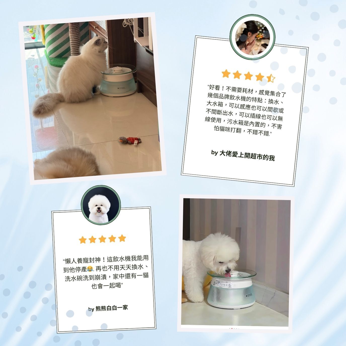 TAILNTAIL淨污分離飲水機評測心得,飼主「大佬愛上開超市的我」表示好看！不需要耗材，感覺集合了幾個品牌飲水機的特點：換水、大水箱，可以感應也可以間歇或不間斷出水，可以插線也可以無線使用，污水箱是內置的，不害怕貓咪打翻，不錯不錯.