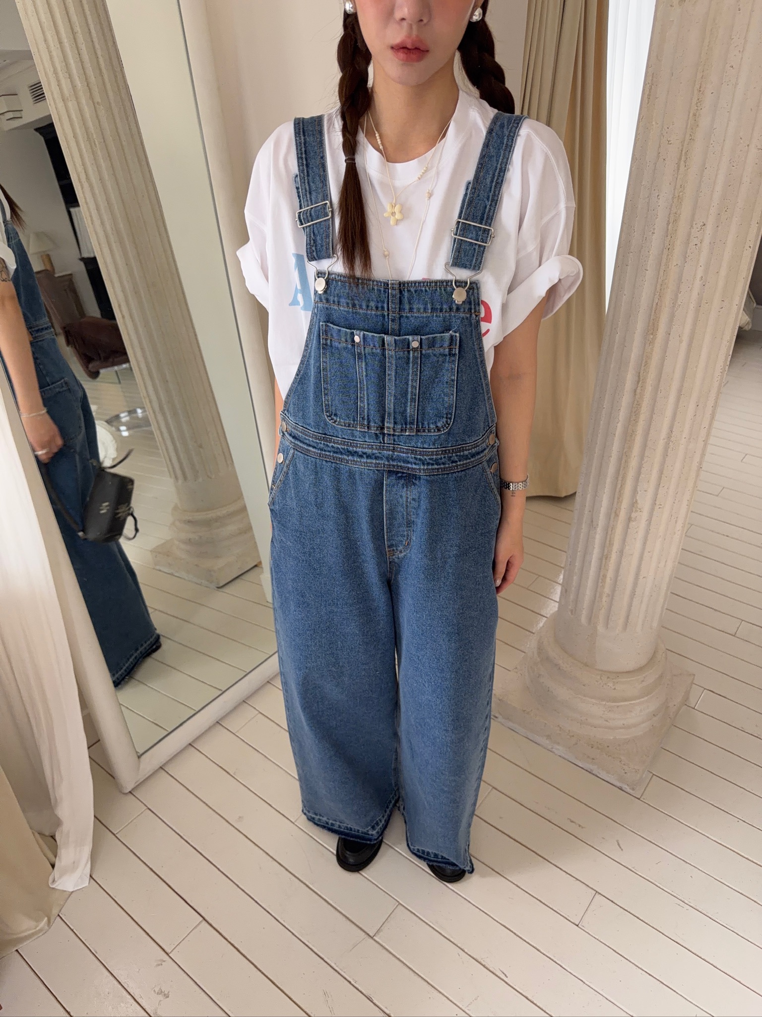 A86/復古洗色吊帶牛仔長褲