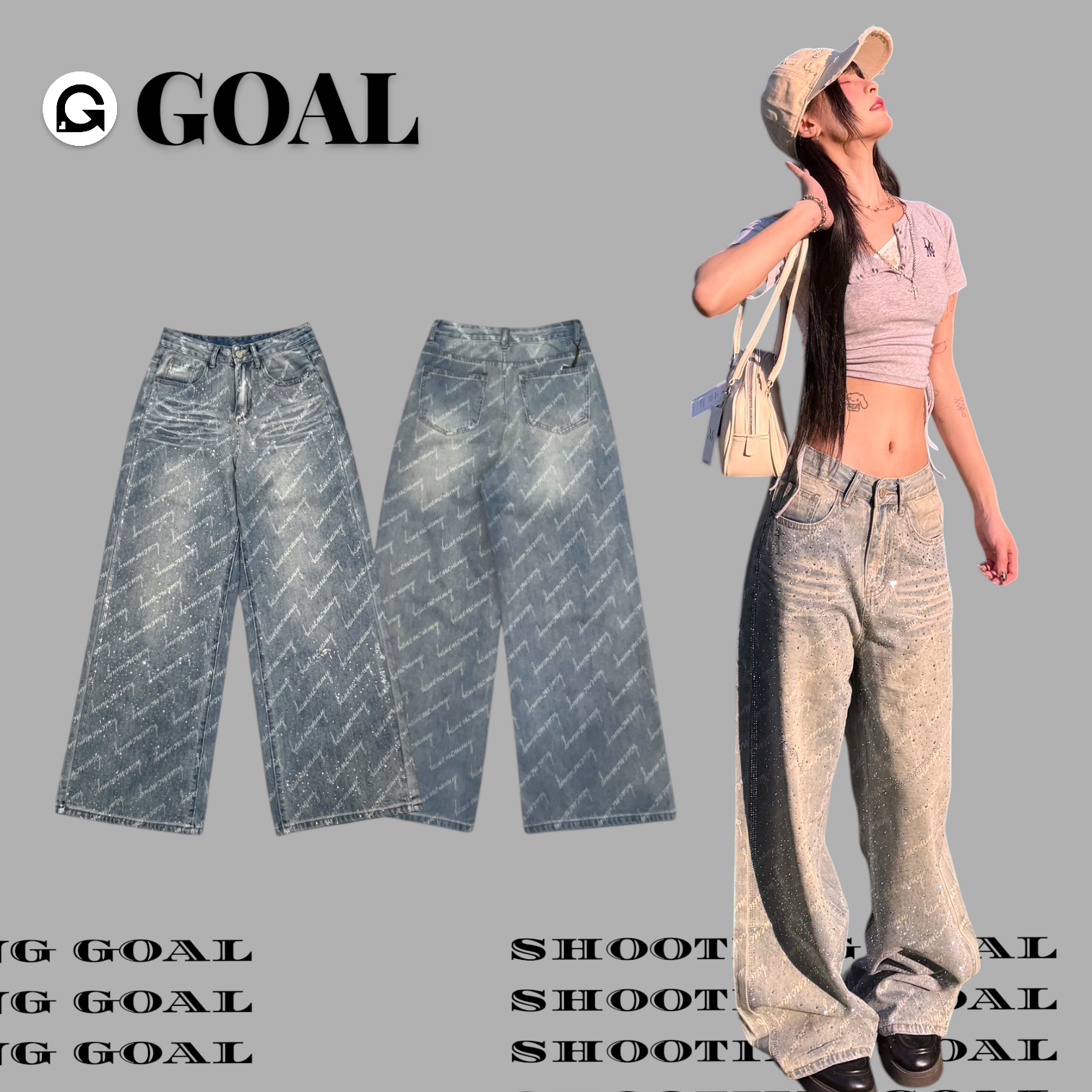 (GOAL) 重工燙鑽高腰直筒褲 Mu 8138