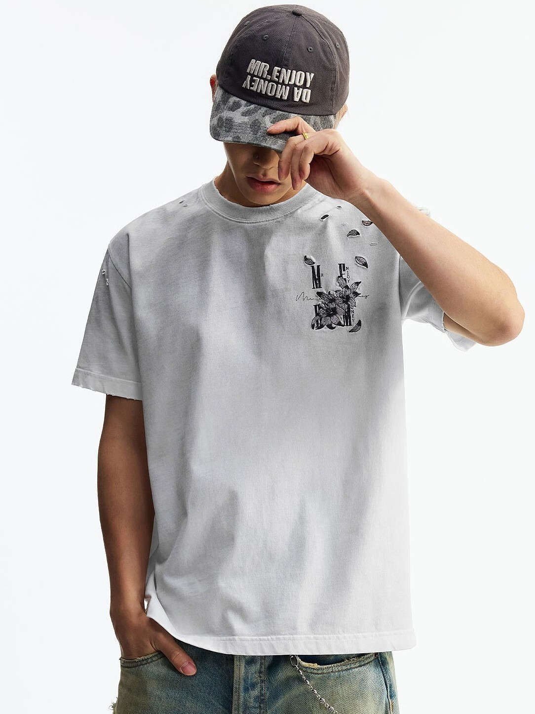 MEDM 水洗復古做舊 百合印花 立體刺繡花卉 休閒圓領 短袖T