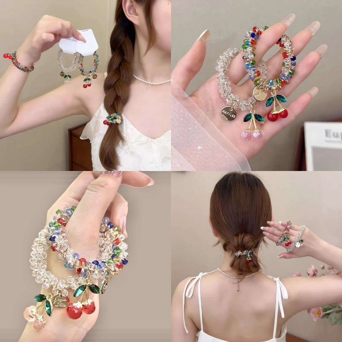 [3 FOR RM10] Rhinestone Colorful Cherry Crystal Bracelet Hair Tie