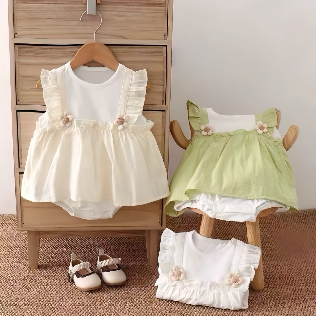 立體小花飛袖包屁衣