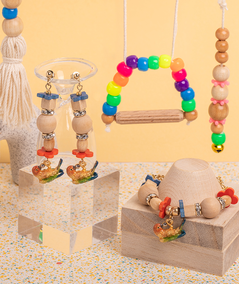 鸚鵡玩著木製玩具耳環/手鏈