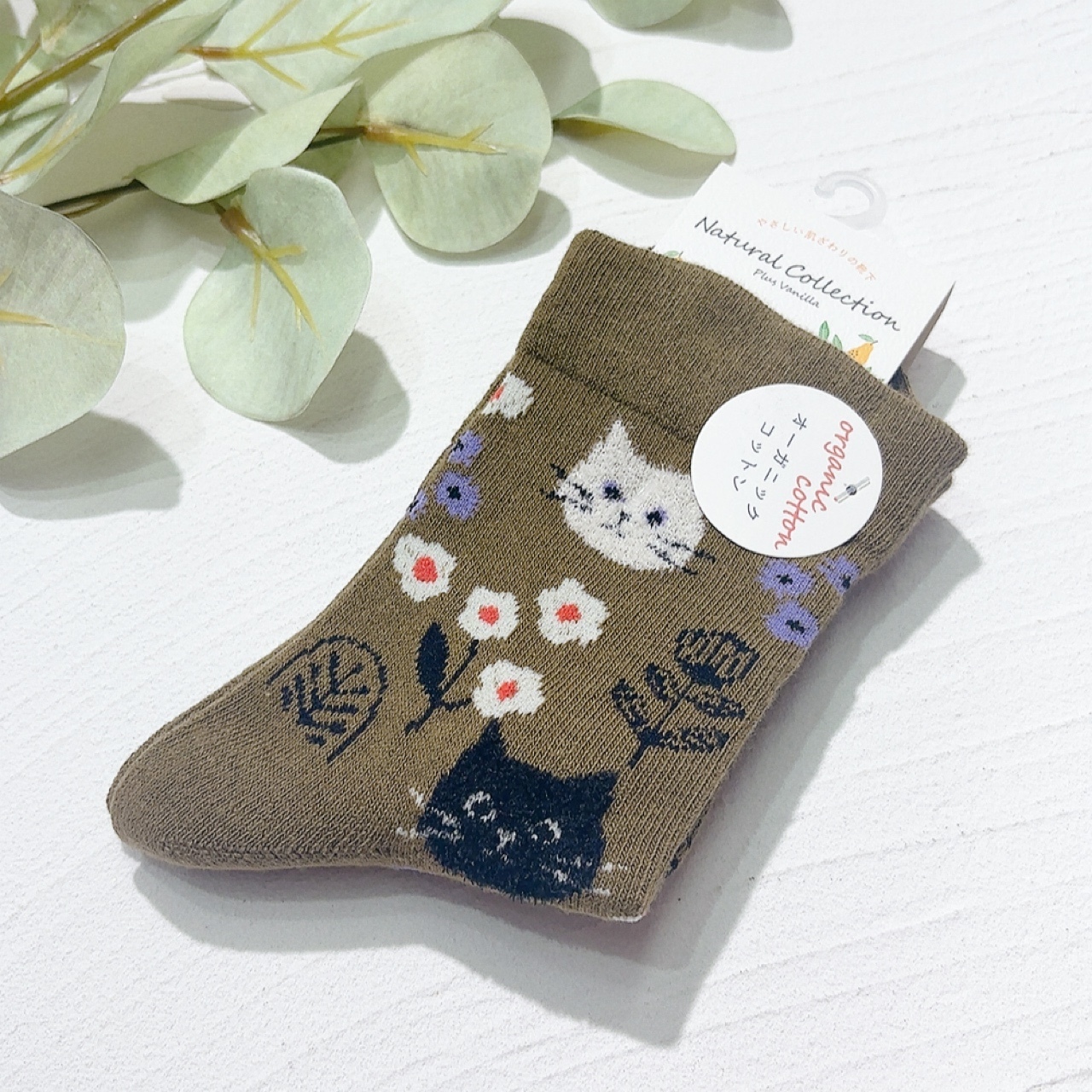 貓咪花圖案短襪