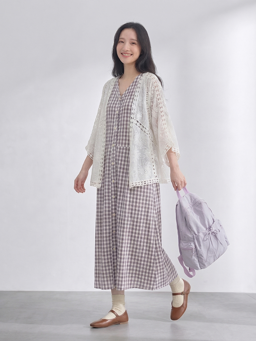 繡花簍空編織罩衫紋理泡泡布格紋洋裝組合