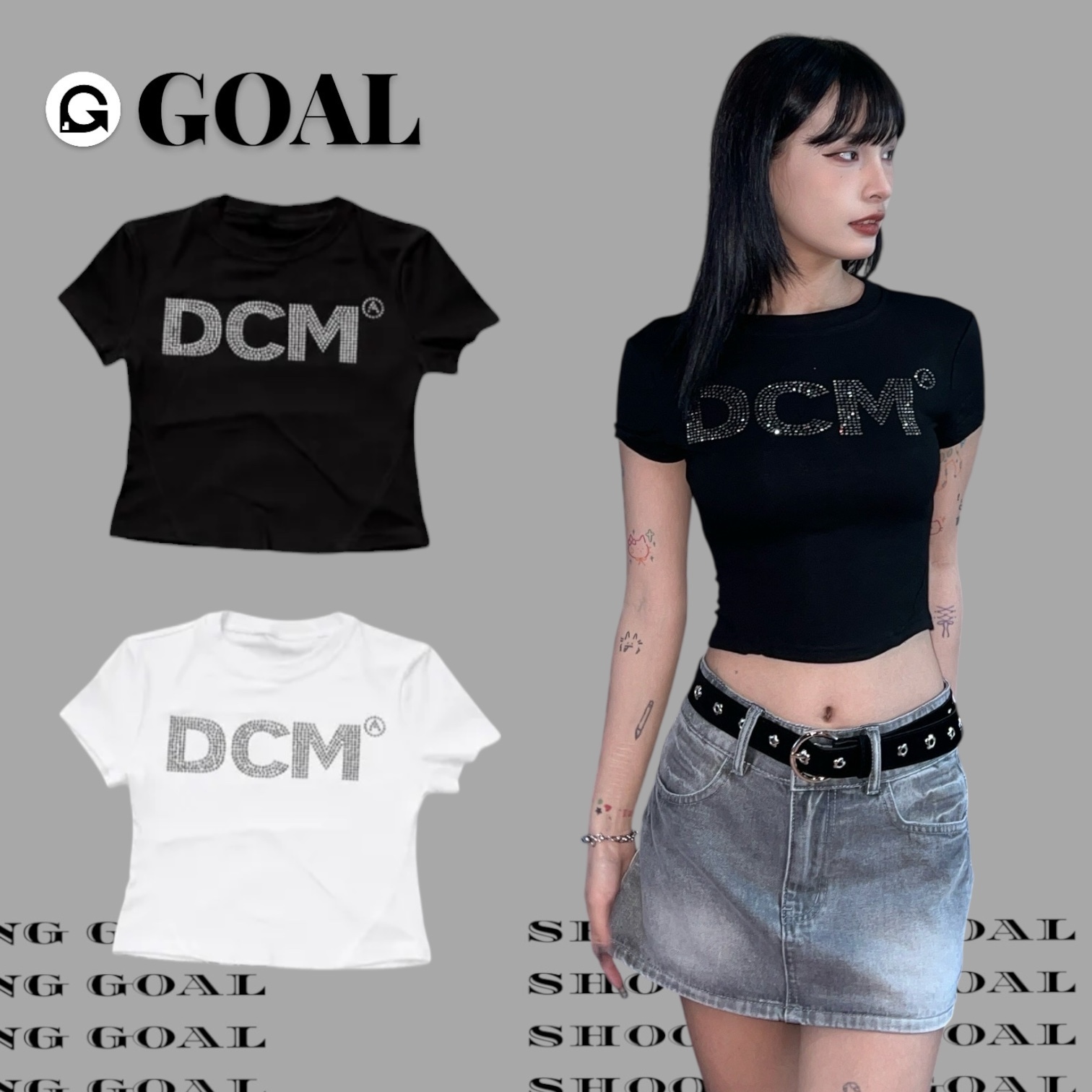 (GOAL)  DCM 大字 水鑽 燙鑽 短版上衣 縮腰設計  DCM-W98