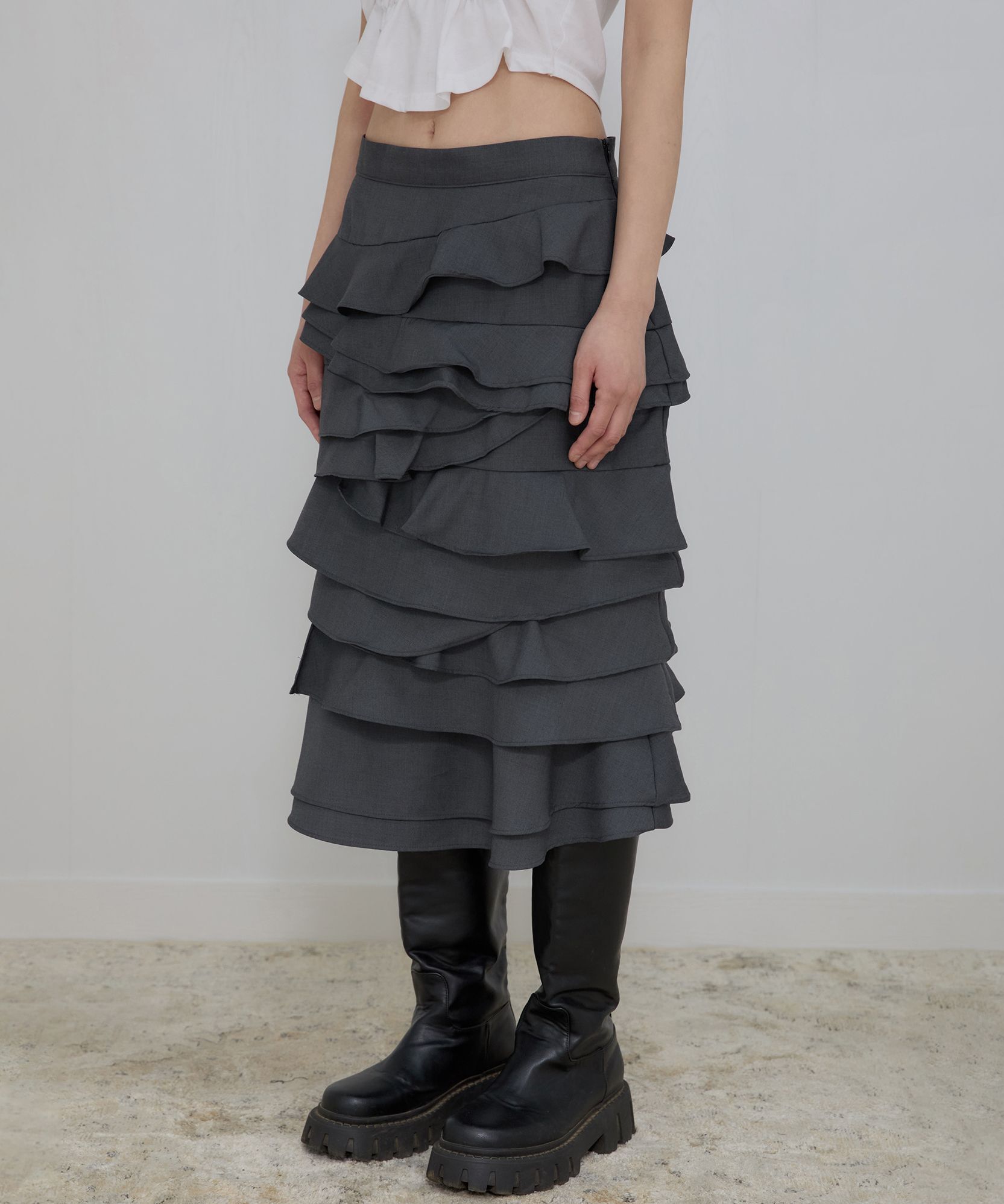 Faye Frill Midi Skirt FL-246_Charcoal