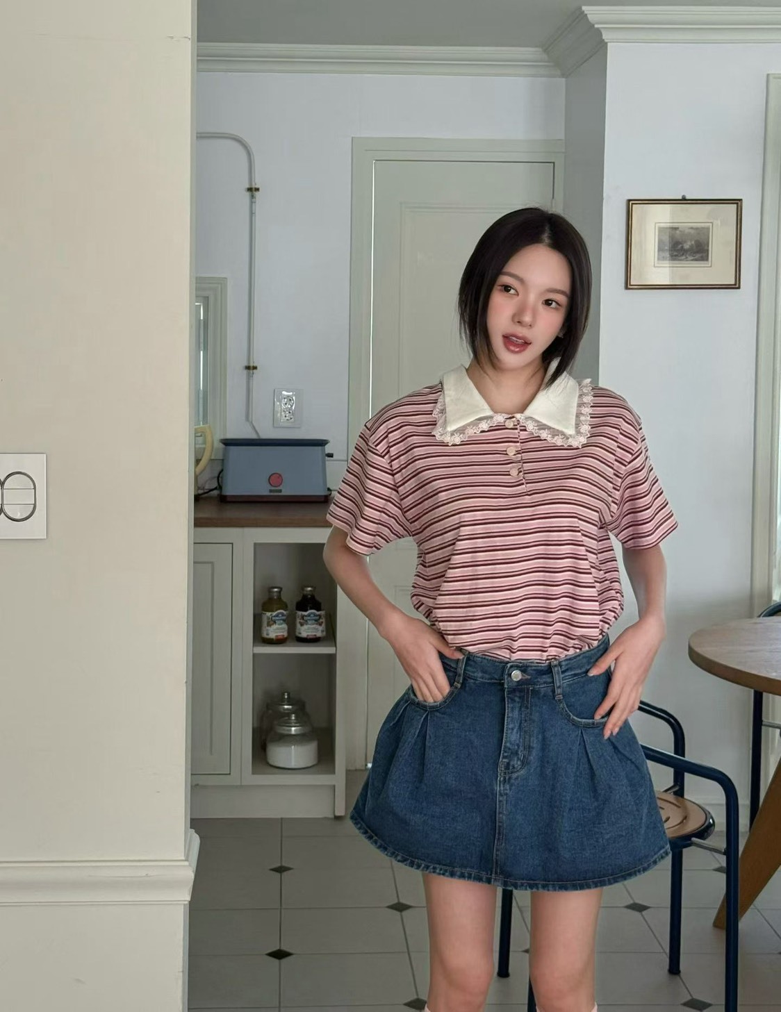 蕾絲白領POLO條紋衫